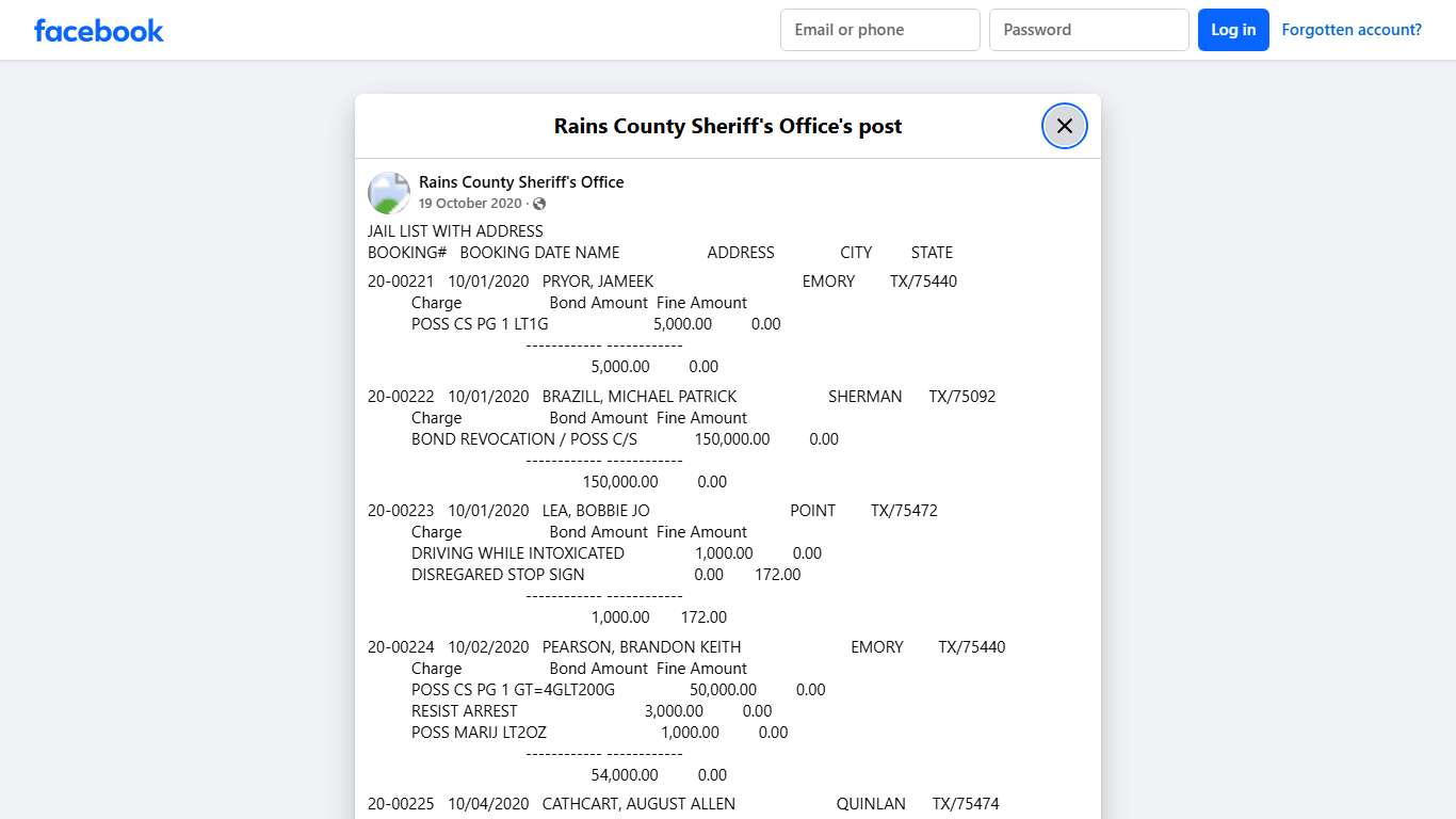 JAIL LIST WITH ADDRESS... - Rains County Sheriff's Office Facebook